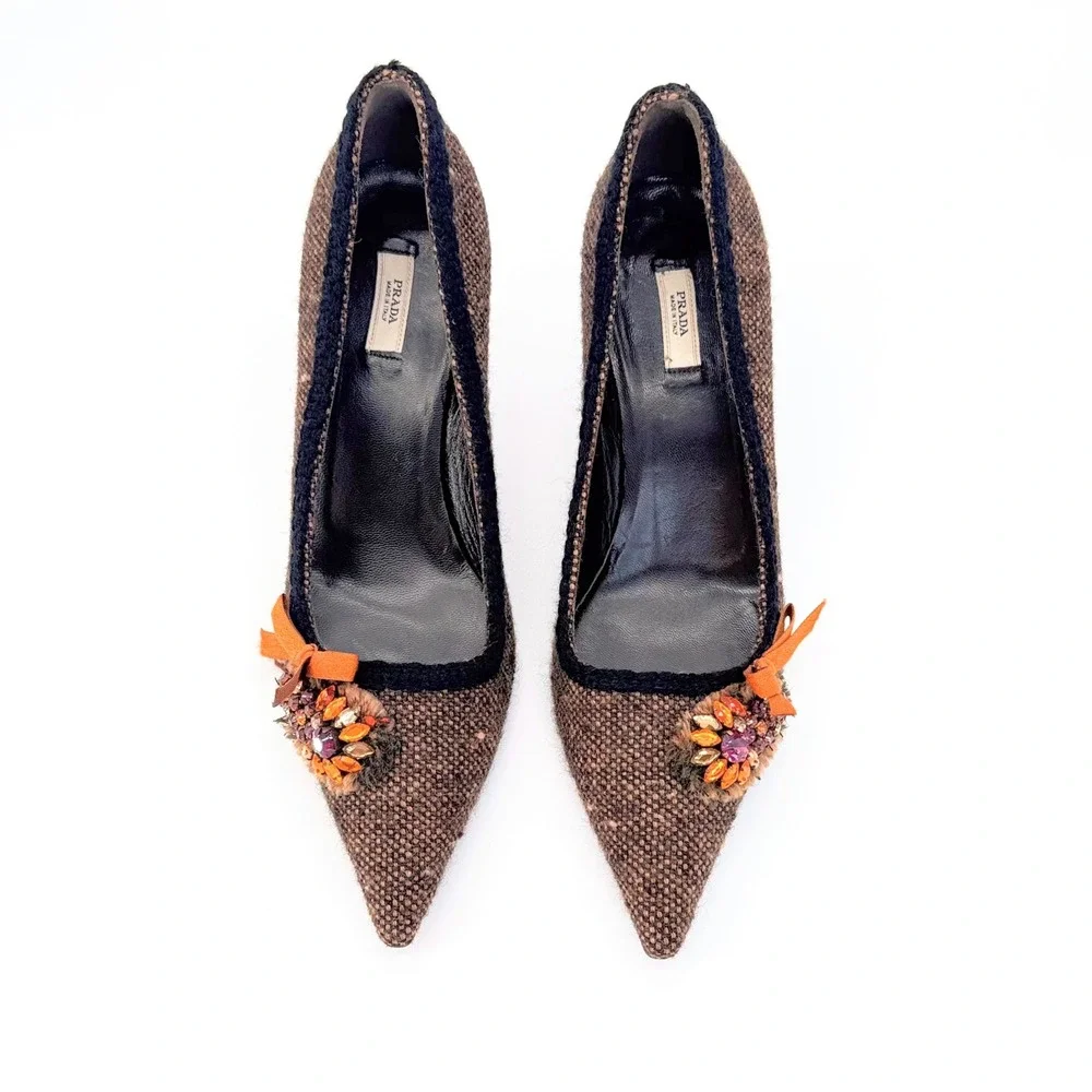 Prada Brown Wool Tweed Kitten Heel Pumps IT 37 US 7 Crystal Bow Pointed Toe - Picture 2 of 12
